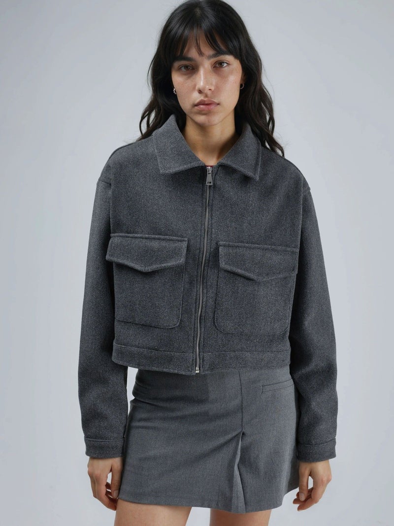 BUSEM Crop Gabardine Jacket with Zipper and Pocket - Image 1